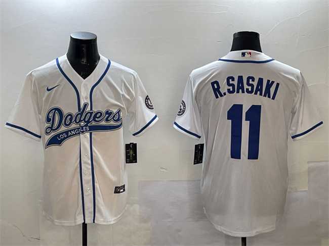 Mens Los Angeles Dodgers #11 Roki Sasaki White With Patch Cool Base Stitched Jersey